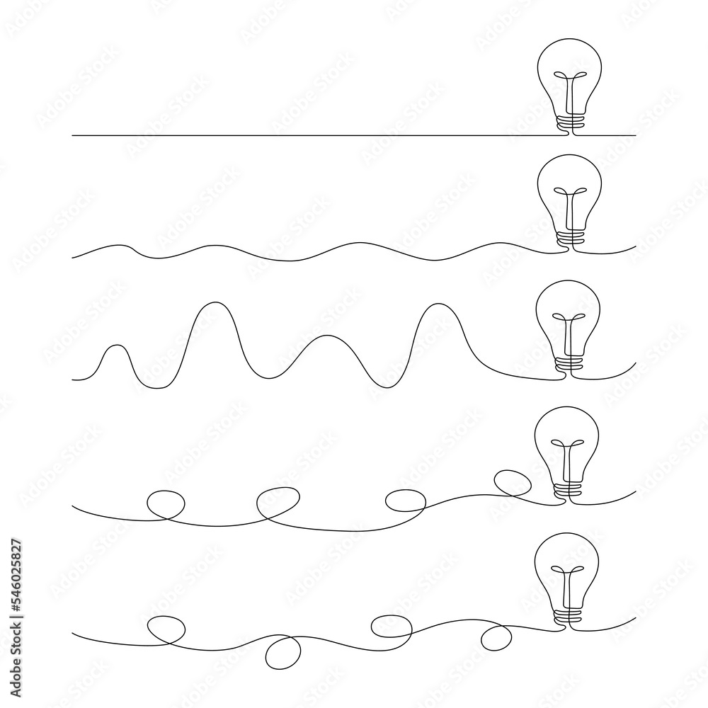 Poster light bulb set one continuous line drawing. electric lamp group. brainstorm linear symbol. vector is