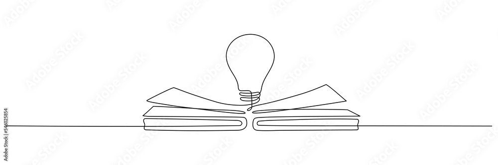 Aufkleber light bulb above book continuous one line art drawing. line drawing open book with lamp idea symbol.