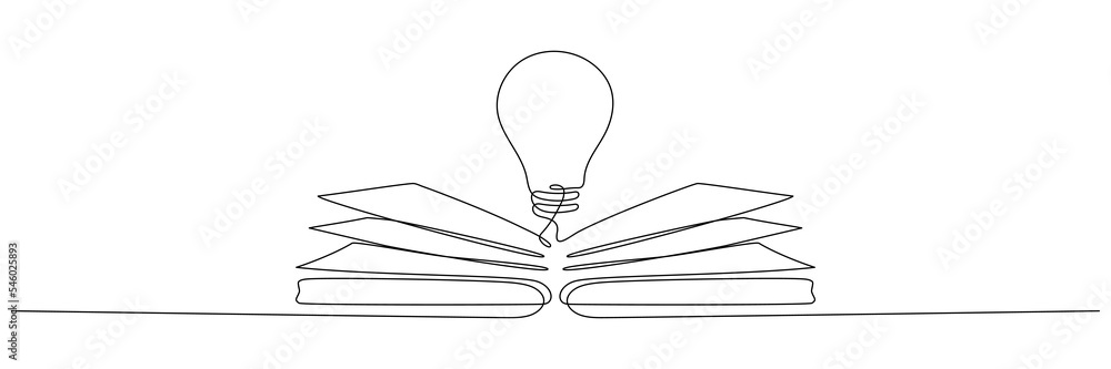 Aufkleber light bulb above book continuous one line art drawing. line drawing open book with lamp idea symbol.