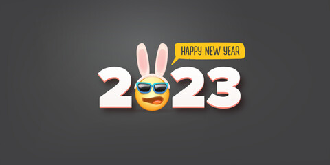 2023 Happy new year horizontal banner with funny smile face with rabbit ears and sunglasses isolated on grey background. 2023 new year banner, poster, flyer, cover with funny cute rabbit