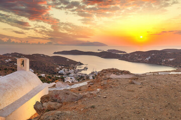 The sunset above Chora of Ios island in Cyclades, Greece