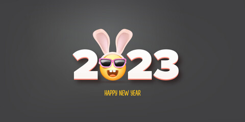 2023 Happy new year horizontal banner with funny smile face with rabbit ears and sunglasses isolated on grey background. 2023 new year banner, poster, flyer, cover with funny cute rabbit