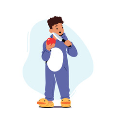 Child Holding Sharp Knife for Cutting Apple. Kid In Dangerous Situation, Risk At Home Concept With Little Boy