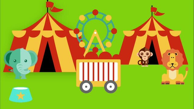 Cute Circus animals at the fair, animated elephant jumping, monkey slow moving.