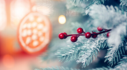 Christmas red pine tree with background bokeh light, New Year sign copy space, blue toning