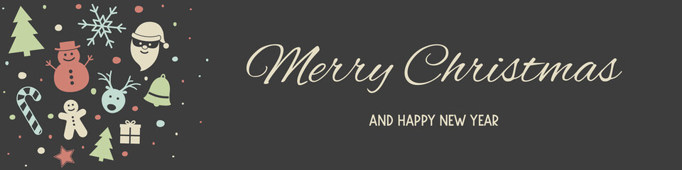 Panoramic header with Christmas wishes and ornaments. Vector