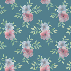 Watercolor bouquet, seamless botanical pattern. Flowers and leaves collected in a seamless pattern for design.