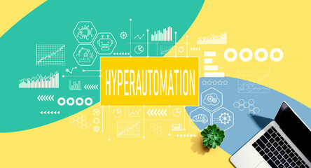 Hyperautomation theme with a laptop computer on a yellow, green and blue pattern background