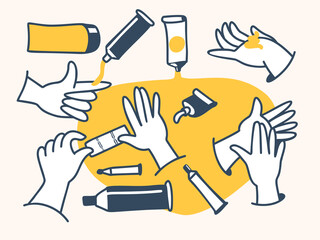 Hands sticking plaster and applying ointment.