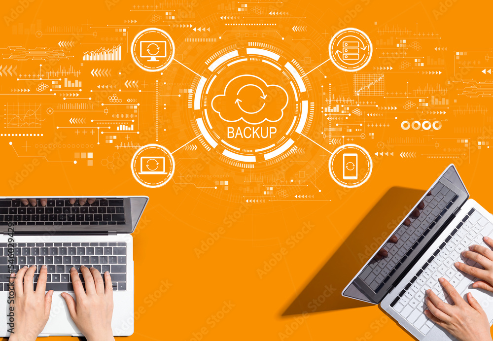 Poster backup concept with people working together with laptop computers