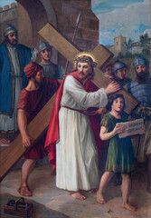 VARALLO, ITALY - JULY 17, 2022: The painting  Jesus takes up his Cross as part of Cross way in the...