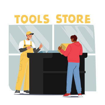 Construction Equipment Store. Male Character Buying Tools And Instruments In Hardware Shop. Man With Purchase