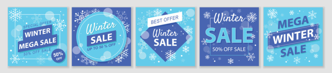 Winter and Christmas Sale square template set for ads posts in social media. Layouts bundle for clearance with snowflakes. Suitable for mobile apps, banner design and web ads. Vector illustration. - obrazy, fototapety, plakaty