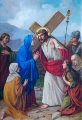 Tuinposter VARALLO, ITALY - JULY 17, 2022: The painting Jesus meets the women of Jerusalem as part of Cross way in the church Basilica del Sacro Monte by Emilio Contini from 20. cent. © Renáta Sedmáková
