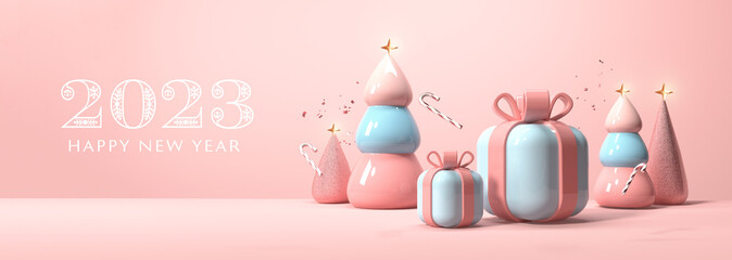 2023 Happy New Year message with gift boxes and trees on a pink background