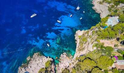 Amazing aerial view of Capri Island coastline in summer season, Italy. Drone viewpoint
