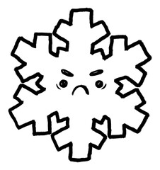 An evil snowflake. Doodle drawing, a snowflake hating winter. Funny print with humor. A black silhouette, a careless outline with a marker. A winter character with a stern face. Creative design