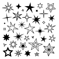 doodle Star icons. Twinkling stars. Sparkles, shining burst. Christmas vector symbols isolated hand drawn style