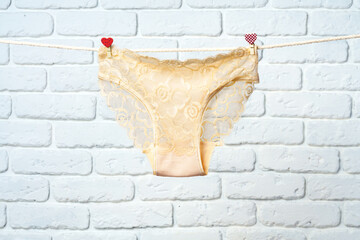 Female panties hanging on rope against white brick background