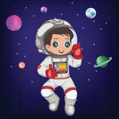 Cute Astronaut Cartoon with star and planets Vector Illustration