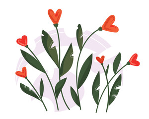vector illustration of snowdrops in the shape of a heart, an enchanted garden of magical flowers, red flowers hearts