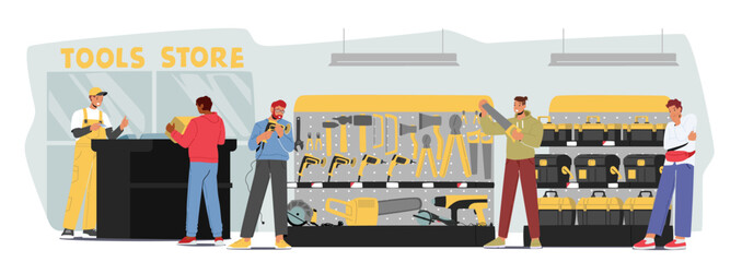 Male Characters Buying Tools And Instruments In Hardware Shop. Men Choose Devices For Fixing, Carpentry, Renovation