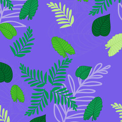 tropical print from green leaves of tropical plants on a lilac background. Vector seamless pattern