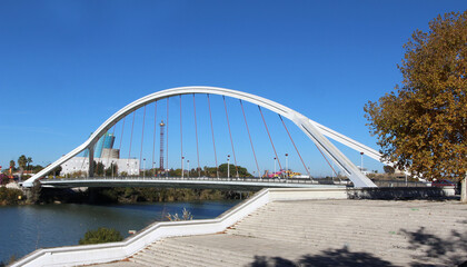 The Puente de la Barqueta (bridge of the barges), officially named Puente Mapfre a bridge over the Canal de Alfonso XIII in Seville, Spain.