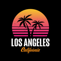 Summer Retro Wave background with palms. Tshirt Graphic with Los Angeles Theme in 80's style. Synthwave vibes for apparel print.