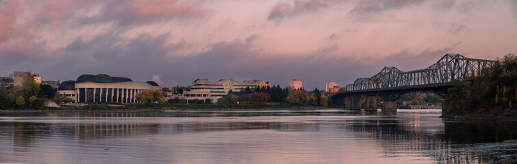View of the across the Ottawa River towards the Canadian Museum of History in Gatineau at sunrise.