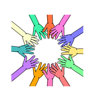 The concept of equality, diversity and inclusion. Multicolored hands form a circle