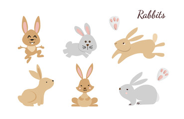 Chinese New Year 2023 of the rabbit. Set of cute bunnies in different poses in cartoon on white background. Hares fits for designing kids clothes, greeting cards, banner, poster. Vector illustration