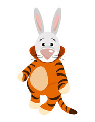 Fototapeta na wymiar Chinese New Year 2023 and Merry Christmas transform. Cute cartoon rabbit in a tiger striped costume, tiger turns into a bunny. Printing for kid's T-shirt, greeting card, poster. Vector illustration