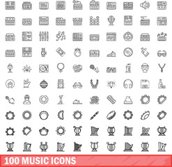 100 music icons set. Outline illustration of 100 music icons vector set isolated on white background