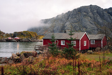 Fishing town of Nusfjord, fjord and sea Norway, Lofoten Islands in golden fall during sunset or sunrise.