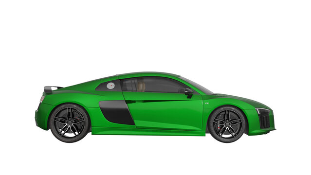 side view of green car isolated on white, AUDI R8 png transparent background 3d rendering