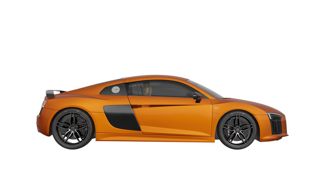 side view of orange car isolated on white, AUDI R8 png transparent background 3d rendering
