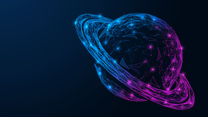 Futuristic planet Saturn. Low-poly design of lines and dots. Blue background. © Ilya