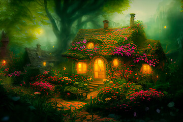 Natural landscape of a fairy tale country, with houses and flowers. Cartoon style. Advertising for books, illustrations and cartoons.