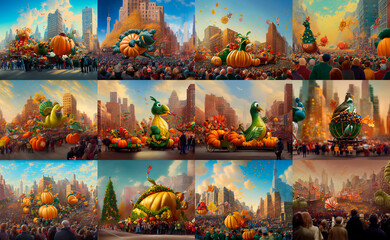 Macy's Thanksgiving Day Parade in the New York. Holiday, cartoon style. Autumn. City landscape. Illustration for advertising postcards and cartoons.