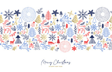 Merry Christmas and New Year hand drawn winter elements card