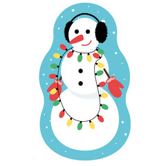 Three-ball snowman. In headphones and wrapped in string, Christmas tree lights. In mittens. He waves his hand and smiles. Sticker for new year, winter sticker. Snowflakes PNG