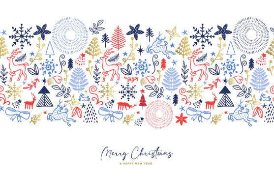 Merry Christmas and New Year hand drawn winter elements card
