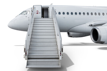 White passenger aircraft with boarding ramp isolated on transparent background