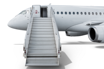White passenger aircraft with boarding ramp isolated on transparent background