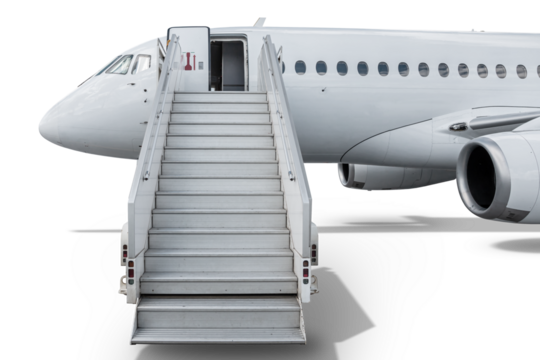 White passenger aircraft with boarding ramp isolated on transparent background