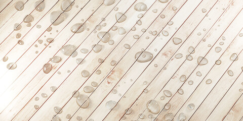 water droplets on planks rain water on wooden grain floor after rain background texture 3D illustration