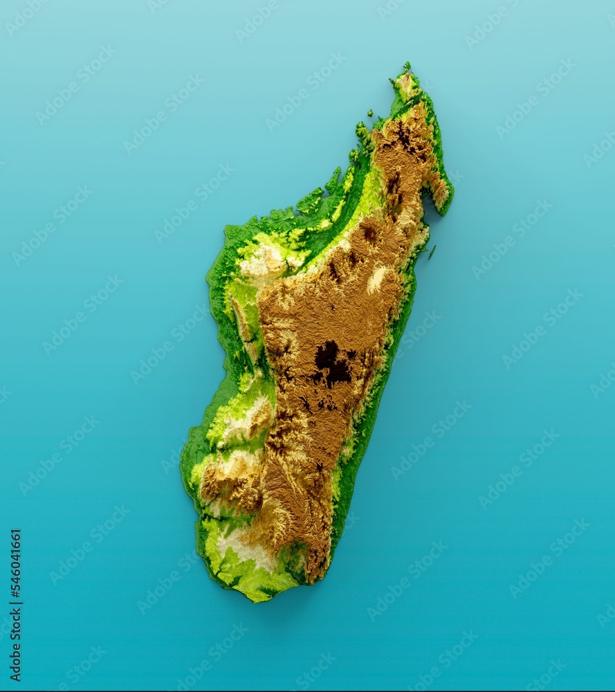 Poster 3d rendering of the madagascar map with shaded relief isolated on blue background