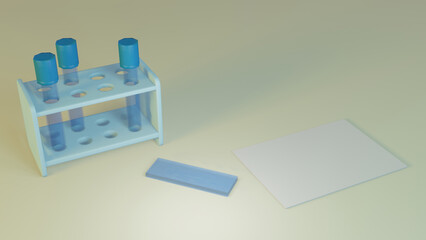 3D render with medical flasks, test tubes for analysis. Concept illustration for designs on the theme of analyzes, laboratories and medical research. Background for medical text.