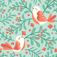 Cute vector seamless pattern with birds and floral elements. Cartoon beautiful background.